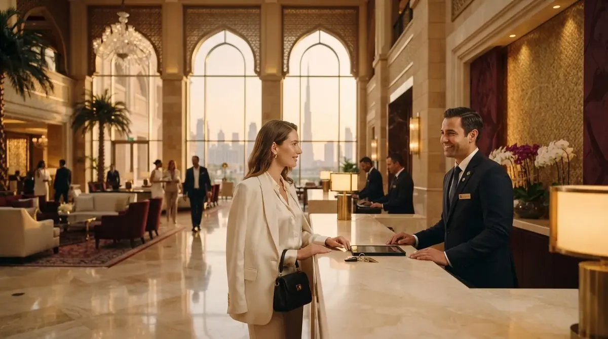 Guest being welcomed at the reception desk of a luxury hotel lobby in Dubai